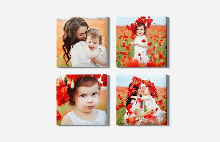 Six Printerpix square photo canvases on a lounge wall with family and child photos on