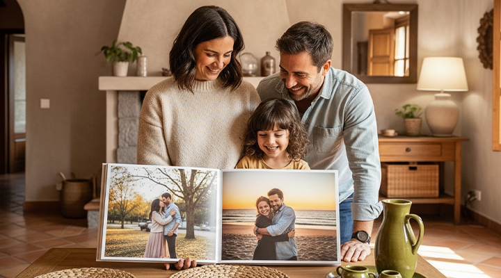 Happy family enjoying personalized photo book.
