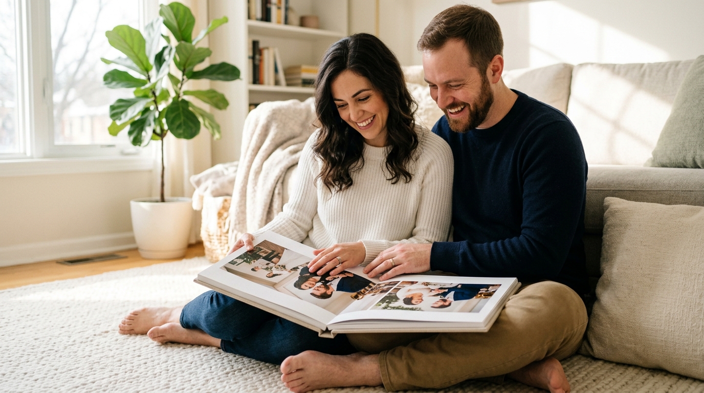 best photo book maker for wedding albums - A newly married couple in their early 30s, sitting together on a cozy, sunlit living room floor. They are looking through a beautiful layflat wedding photo book together, smiling warmly. The focus is on their hands gently touching the pages and their happy expressions. The room is soft and inviting, with a plant in the background. No text is visible on the photo book pages.