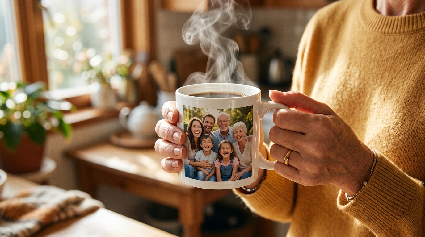 personalized photo mug ideas for mom - A close-up, warm-toned shot of a woman's hands gently cradling a white ceramic coffee mug. The mug has a vibrant, clear photo of a smiling multi-generational family. Soft morning sunlight streams in from a nearby window, illuminating the steam rising from the mug. The background is a softly blurred, cozy kitchen. The focus is on the emotional connection and the warmth of the moment.