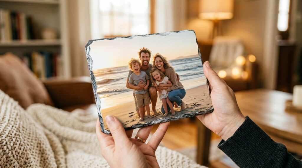 personalized photo slate - A close-up shot of a woman's hands gently holding a personalized photo slate. The photo on the slate shows a happy, sunlit family portrait on a beach. The background is a warm, cozy living room with soft, out-of-focus lighting. The mood is tender and emotional.