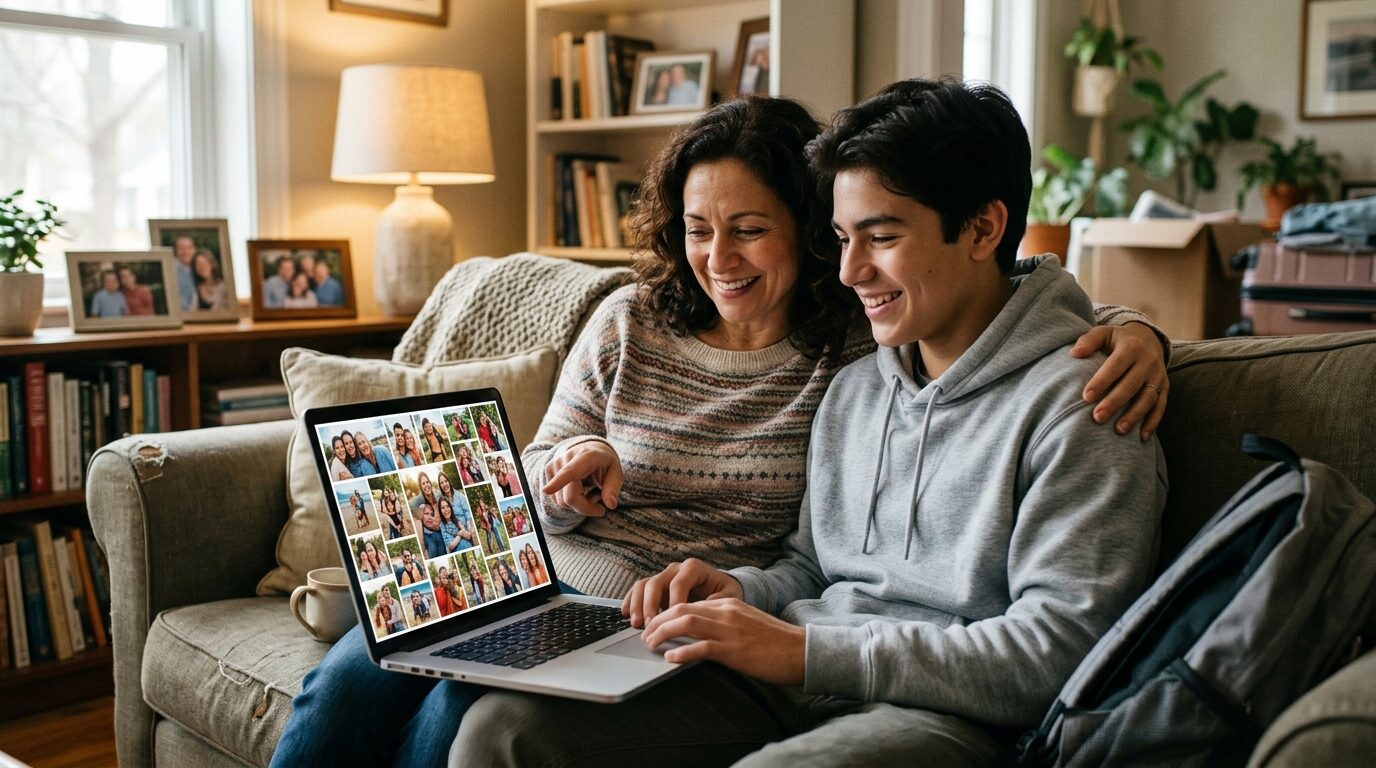 poster gift ideas for college students - A heartwarming, softly lit scene in a cozy living room. A mother and her college-bound son are sitting on a couch, smiling as they look at a laptop screen together, designing a photo collage poster. The screen shows a grid of happy family photos. The mood is warm, connected, and a little nostalgic.