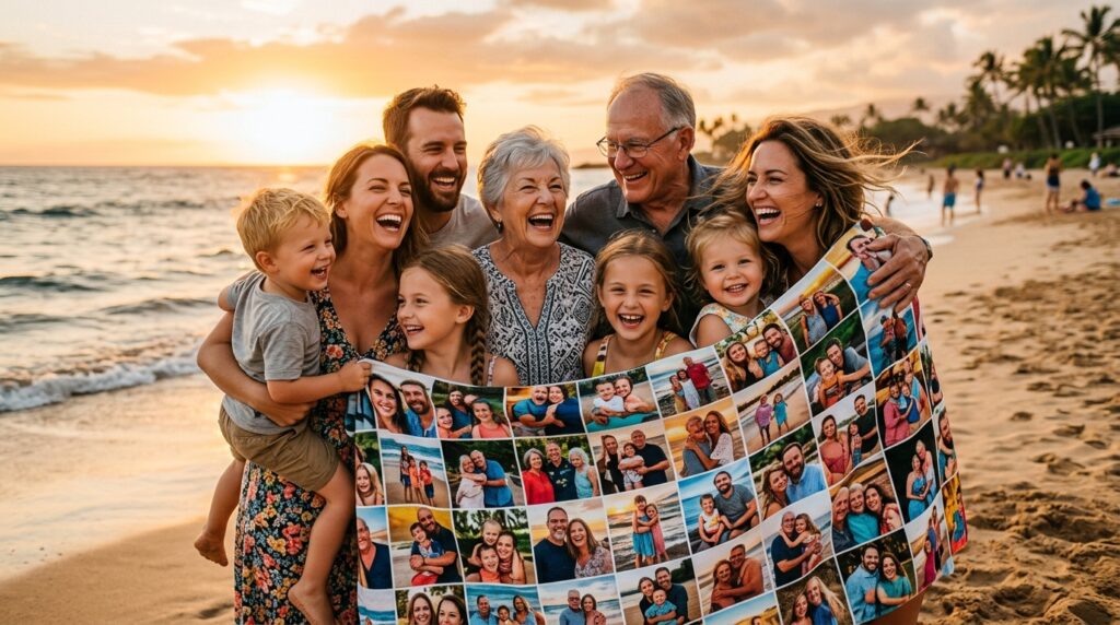 end of summer family traditions - A joyful, multi-generational family is laughing on a sunny beach, wrapped together in a large, vibrant photo collage beach towel. The focus is on their connection and happiness, with the towel as a colorful, memory-filled centerpiece. Golden hour lighting enhances the warm, nostalgic mood.