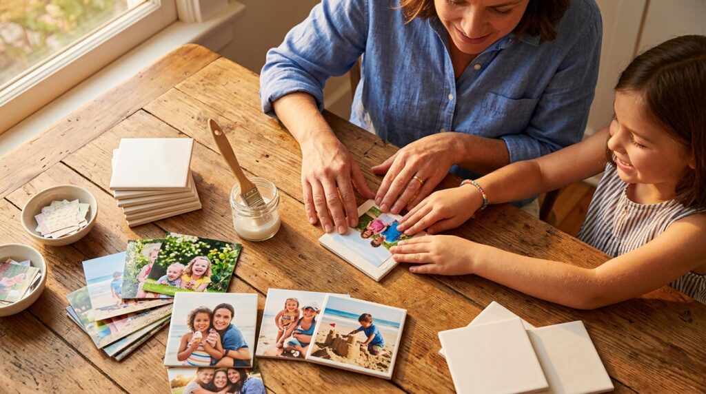 how to make photo coasters at home - A warm, late-afternoon overhead shot of a wooden kitchen table. On the table are the supplies for making photo coasters: a few ceramic tiles, a jar of adhesive, a brush, and a stack of 4x4 inch photos showing happy summer family moments. A pair of adult hands and a child's hands are working together on one of the coasters. The lighting is golden and nostalgic.