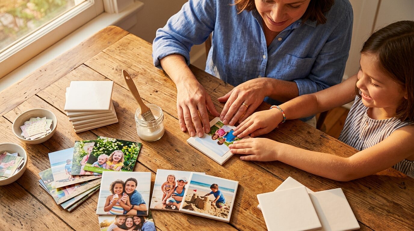 how to make photo coasters at home - A warm, late-afternoon overhead shot of a wooden kitchen table. On the table are the supplies for making photo coasters: a few ceramic tiles, a jar of adhesive, a brush, and a stack of 4x4 inch photos showing happy summer family moments. A pair of adult hands and a child's hands are working together on one of the coasters. The lighting is golden and nostalgic.