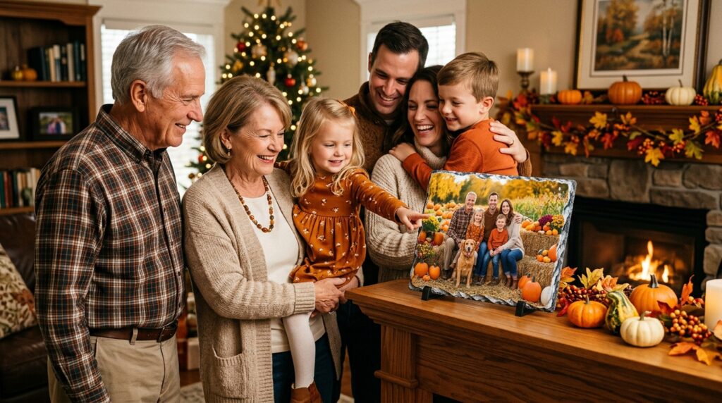 custom metal photo prints - A cozy American living room decorated for Thanksgiving, with a family, grandparents, parents, and children, admiring a custom photo slate on the mantle. The slate displays a vibrant autumn family portrait taken at a pumpkin patch. The focus is on the warm, happy expressions and the unique, chiseled texture of the slate.