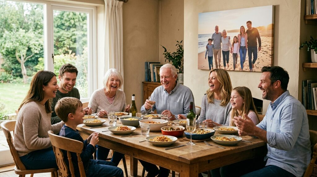 personalized kitchen gift ideas - A warm, inviting scene of a multi-generational family laughing around a wooden dining table, mid-meal. Soft, natural light comes from a window. On the wall behind them, a large, beautiful canvas print of a family beach photo is prominently displayed. The focus is on the joyful interaction and connection between family members.