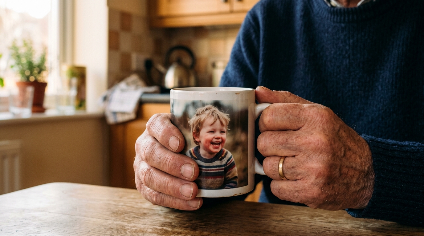 personalized photo mugs for him - A close-up, intimate shot of a man's hands, weathered and kind, wrapped around a white ceramic photo mug. The photo on the mug shows a joyful, slightly blurry image of a small child laughing. The background is a warm, soft-focus kitchen with gentle morning light streaming in. The mood is tender, quiet, and reflective.