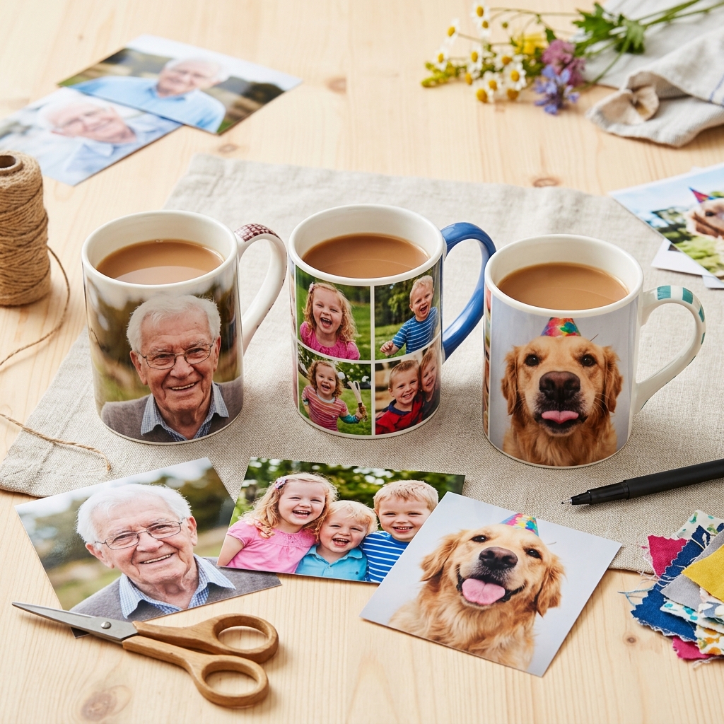 A flat-lay composition showing three different personalized mugs on a clean, light-colored surface. One mug features a single portrait of a grandparent, another shows a colorful collage of kids' photos, and a third has a funny photo of a family pet. Surrounding the mugs are a few loose, glossy photo prints, suggesting the creative process. The overall mood is bright and cheerful.