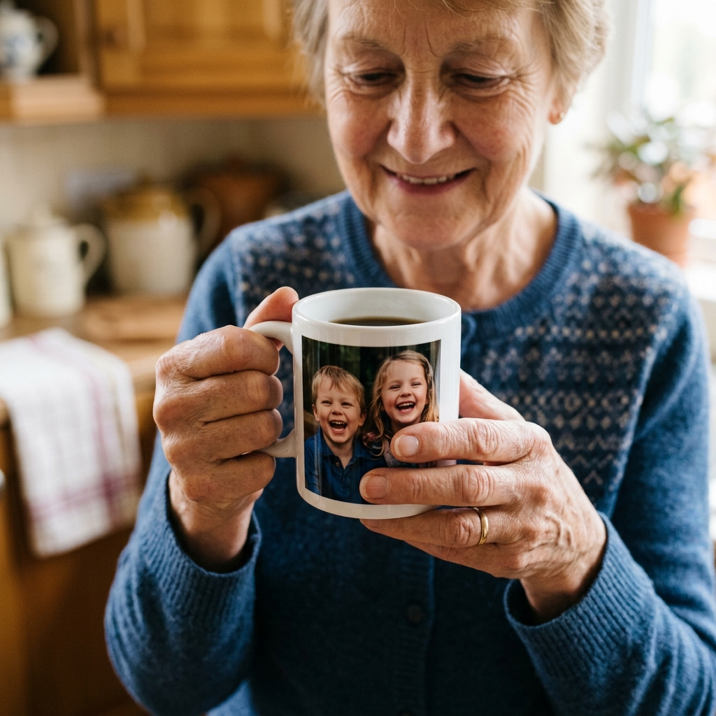 A close-up, lifestyle shot focusing on an elderly woman's hands gently holding a white ceramic photo mug. On the mug is a clear, happy photo of her two young grandchildren laughing. She is smiling softly, looking at the photo on the mug. The background is a warm, slightly blurred kitchen setting.