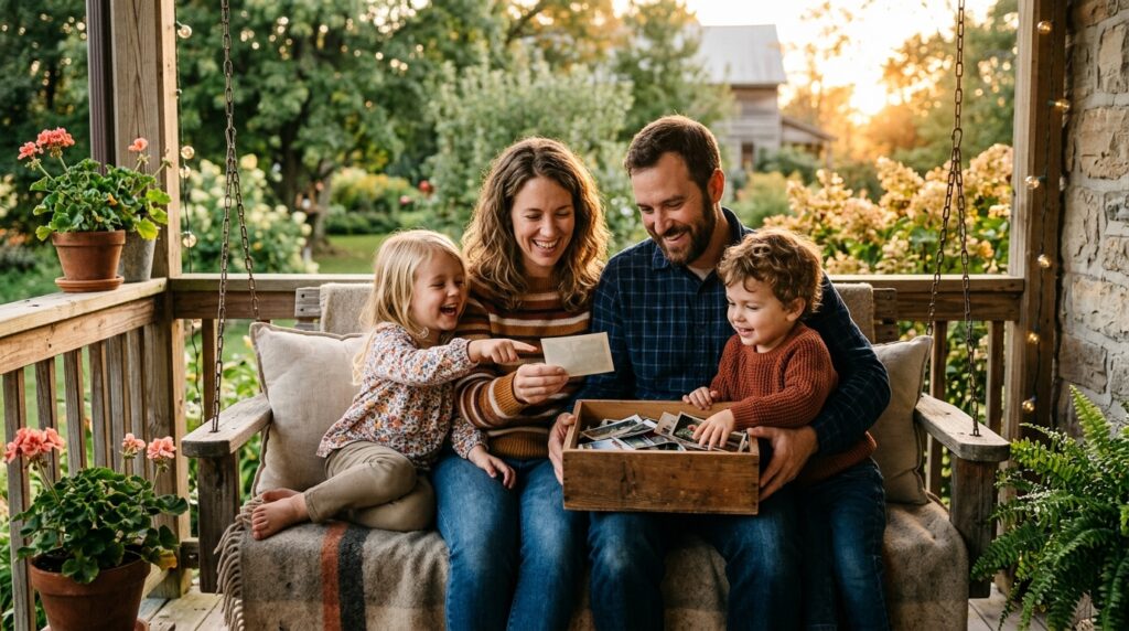 when to make a photo calendar for next year - A warm, golden-hour shot of a family on a cozy porch swing. A mother and father are looking through a simple wooden box of loose photo prints with their two young children, laughing and pointing. The focus is on connection and shared memory, not on a specific product.