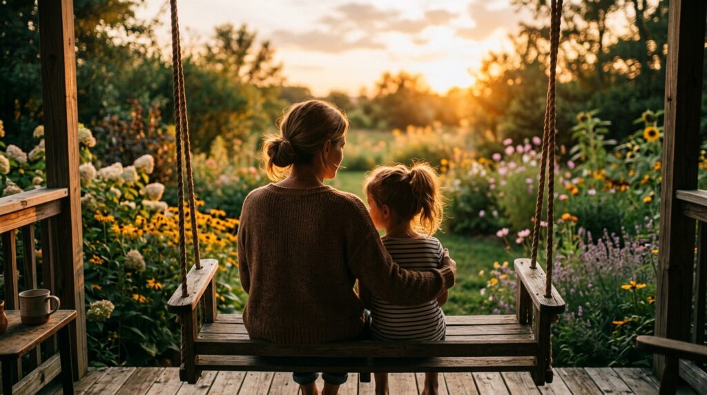 end of summer photo album ideas - A warm, golden-hour shot from behind a mother and her young child (around 7 years old) sitting on a porch swing. They are looking out at a yard with late summer flowers. The mood is peaceful and slightly nostalgic, capturing a quiet moment of connection. The focus is on their silhouettes and the warm light.