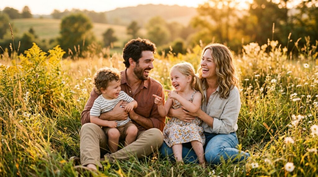 how to make a canvas print from a photo - A warm, golden-hour shot of a young family laughing together in a sun-drenched meadow in late summer. The parents are in their 30s, and they have two small children. The focus is on their joyful, candid interaction, not the camera. The background is soft and blurry, evoking a sense of a cherished memory.