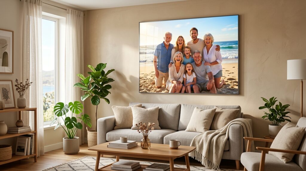 what is a metal photo print - A beautifully lit living room with a large, vibrant glossy metal print of a happy multi-generational family hanging above a modern sofa. The family in the photo is laughing on a sunny beach. The room is warm and inviting, with soft natural light. The metal print is the clear focal point, showing off its sharp detail and color.