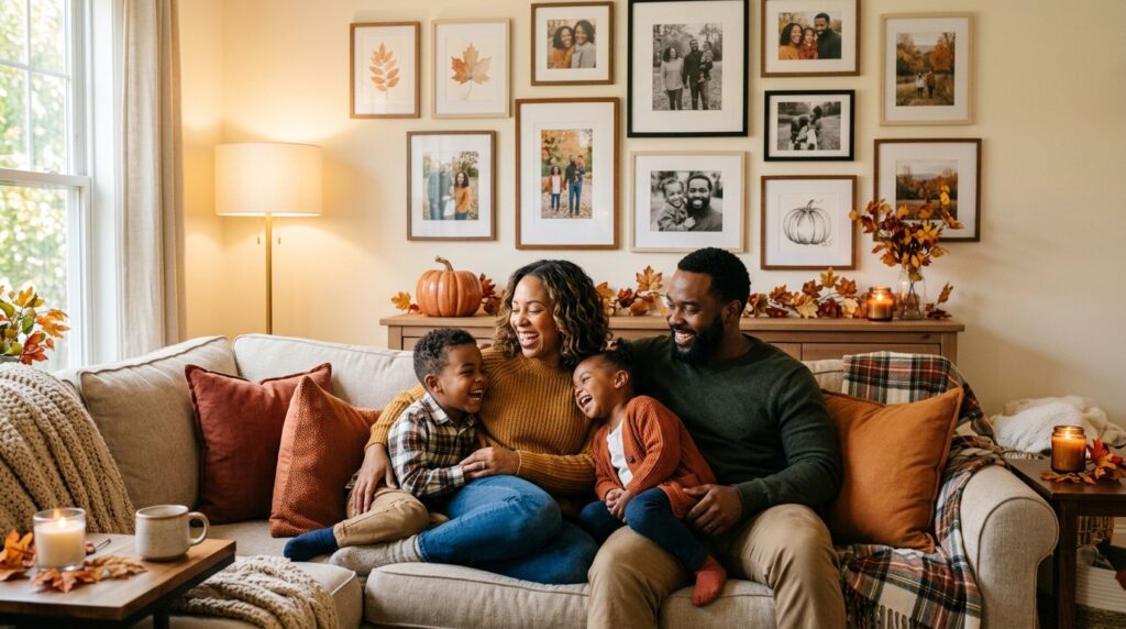 fall family photo wall ideas - A cozy, warmly lit living room decorated for autumn. A diverse family (parents and two young children) are laughing on the sofa. On the wall behind them is a beautiful gallery wall featuring family photos mixed with subtle fall-themed art. The focus is on the family's joyful interaction, with the photo wall as an inspiring backdrop. No text visible anywhere.