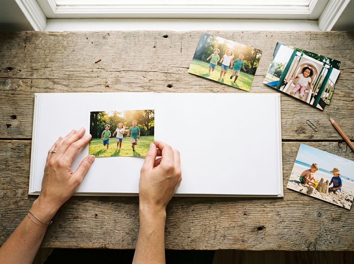 A flat lay from directly above showing a pair of hands arranging a few glossy photo prints on a rustic wooden table. The photos depict children playing outdoors in the sun. Next to the prints is an open, blank hardcover photo book, ready to be filled. The scene is bright and creative.