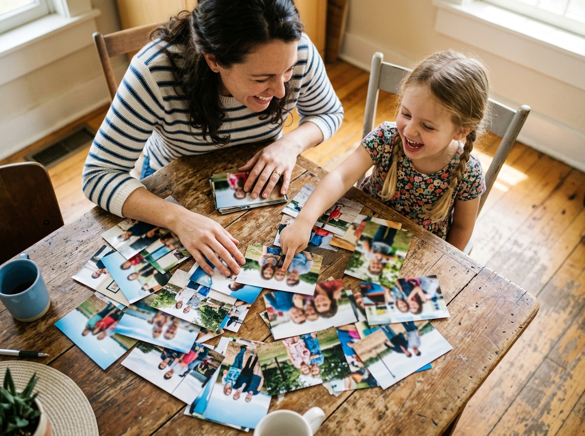 Overhead shot of a mother and her young daughter sitting at a rustic wooden kitchen table. They are sorting through a scattered pile of 4x6 photo prints, laughing as the daughter points to one. The focus is on their hands and the joyful interaction.