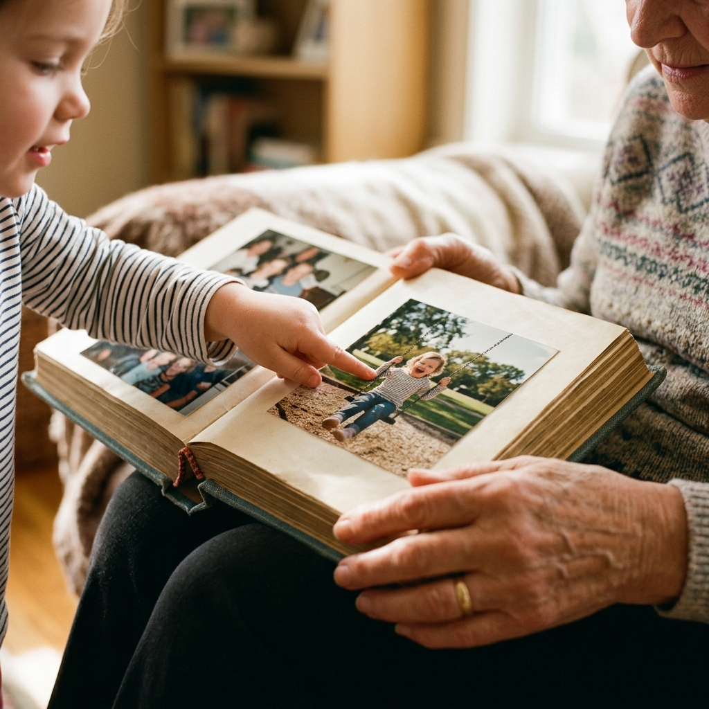 A close-up shot of a young child's hands pointing at a photo in an open photo book held by a grandparent. The photo inside the book shows the child on a swing. The focus is on the intergenerational connection and the joy of reliving a memory together. The lighting is soft and warm.