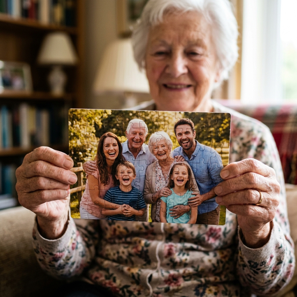 A close-up, slightly angled shot of an elderly woman's hands holding a completed custom photo puzzle that shows a smiling family. Her face is slightly out of focus in the background, but she has a gentle, happy expression. The lighting is warm and soft.