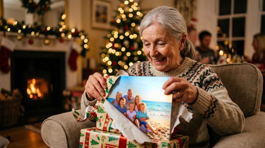 metal prints for holiday gifts - A heartwarming, festive scene. A grandmother with a joyful, surprised expression unwraps a gift. The wrapping paper is partially torn away to reveal a corner of a vibrant, glossy metal print showing a sunny family beach photo. The room is cozy with soft holiday lights blurred in the background. Focus is on the grandmother's face and the glowing corner of the print. Shallow depth of field.