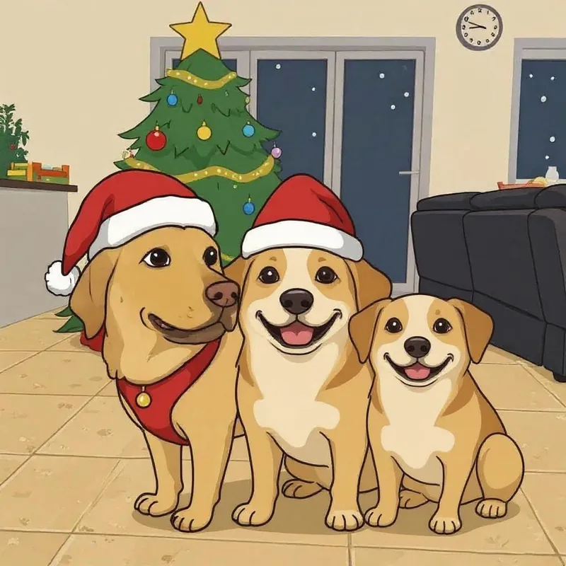 An illustration of three dogs in red Christmas hats in front of a tree