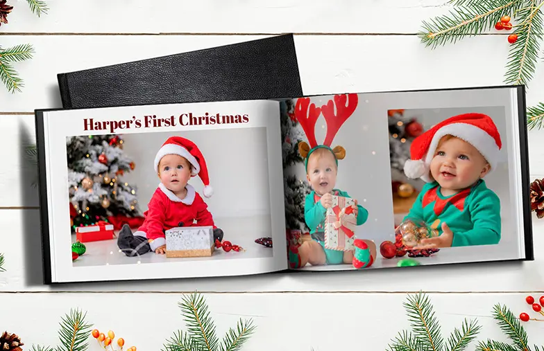 Custom printed Printerpix photo album with hard cover and large photos of young couple