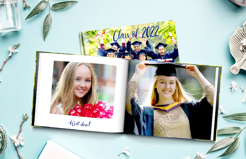 Custom printed Printerpix photo album with hard cover and large photos of young couple