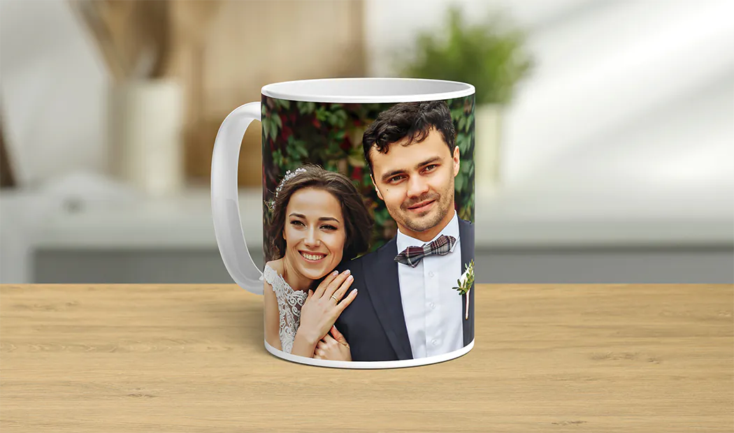 Mum and baby holding Printerpix cartoon design custom mug with dad text