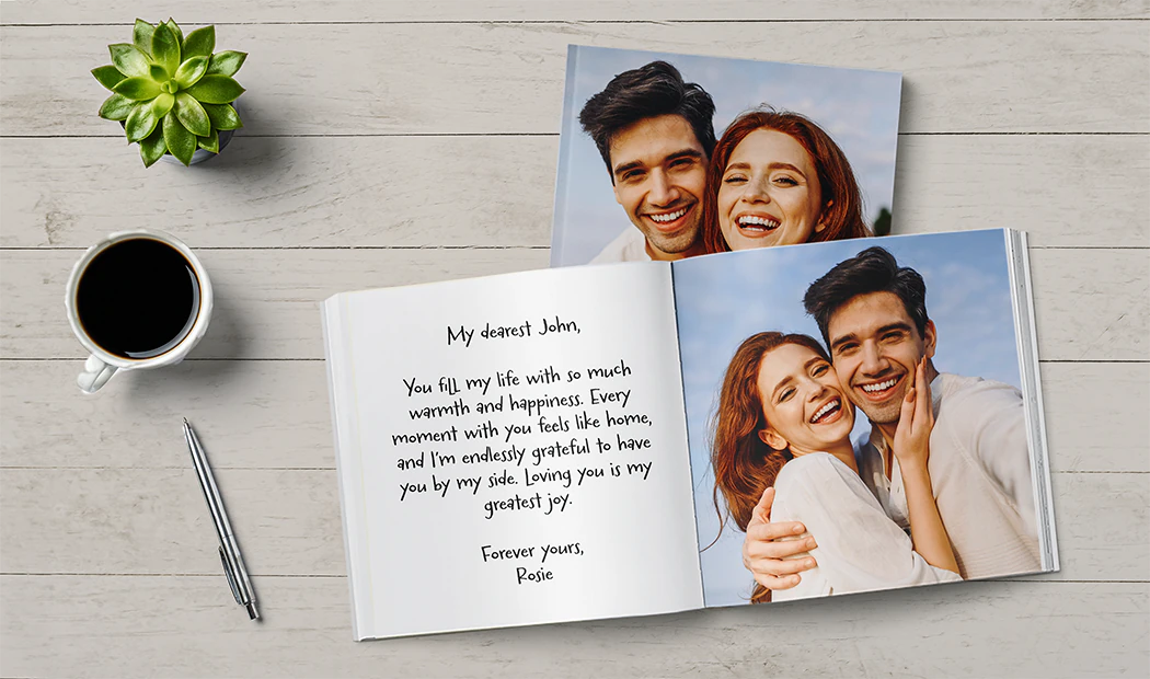 Custom printed Printerpix photo album with hard cover and large photos of young couple
