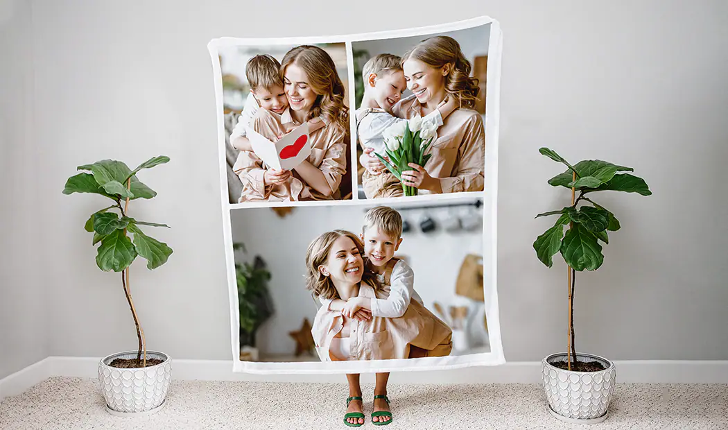 Mother and baby wrapped in sherpa blanket