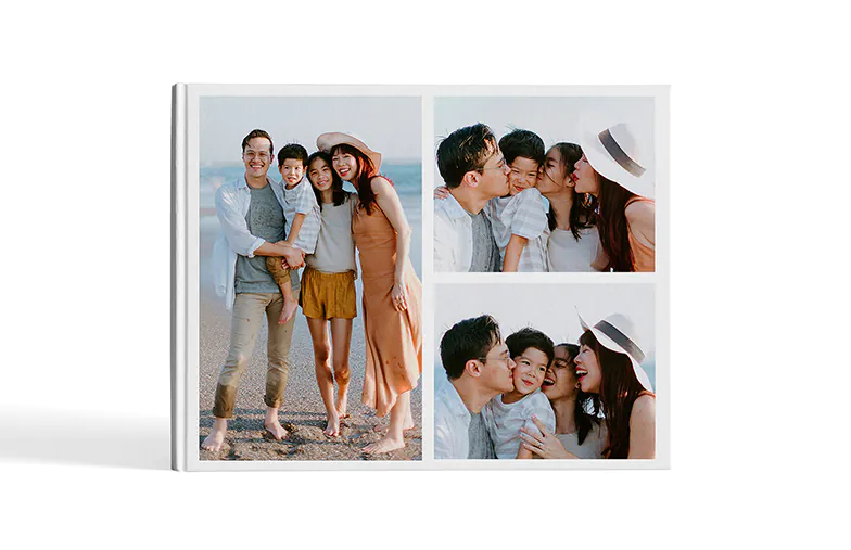 Custom printed Printerpix photo album with hard cover and large photos of young couple