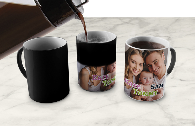 Three mugs, being filled with hot water to reveal a family.