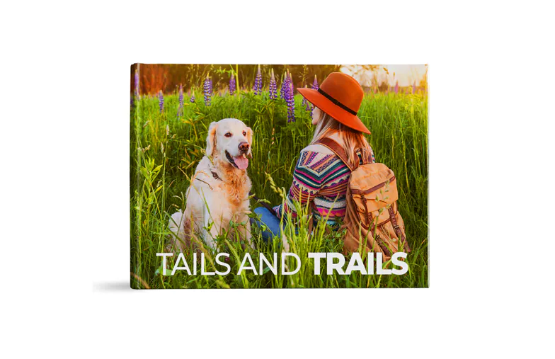 Custom printed Printerpix photo album with hard cover and large photos of young couple