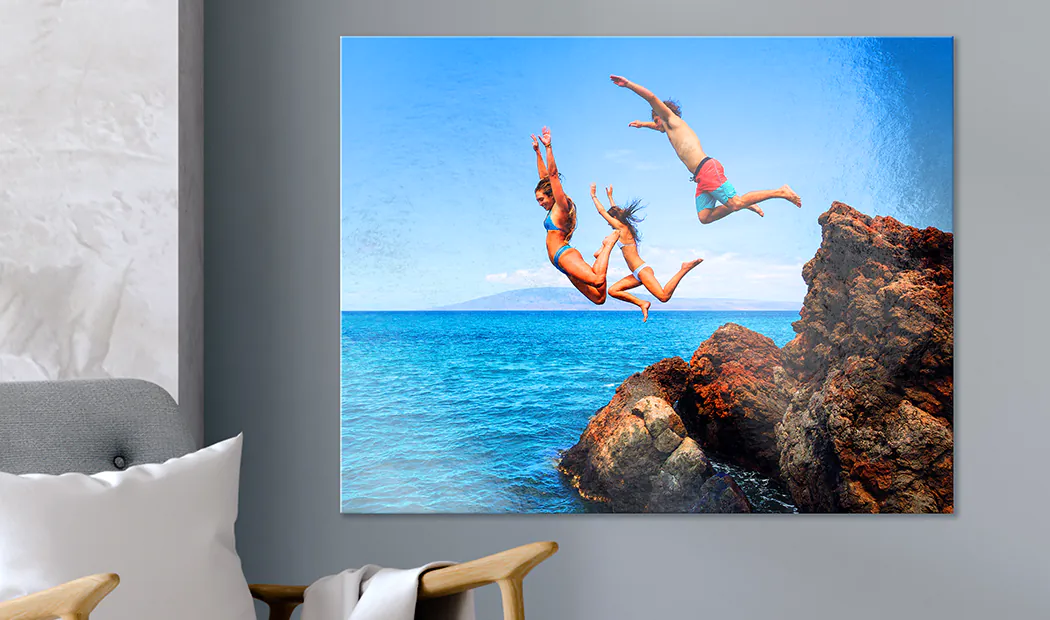 Aluminium photo print of a mountain and a lake being held by woman made by Printerpix
