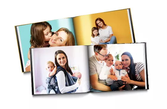 Custom printed Printerpix photo album with hard cover and large photos of mother and daughter