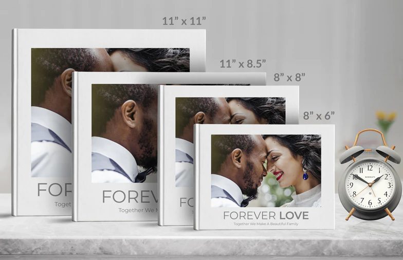 Printed personalized photo book with pictures of mother and son and photo cover