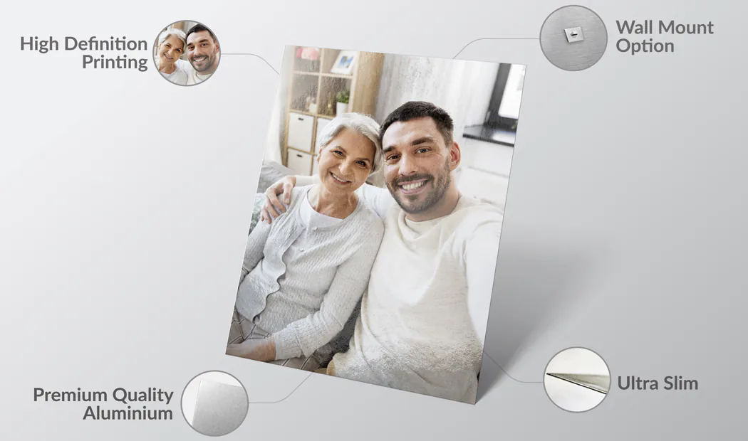 Personalized ultra-slim aluminum photo print featuring a smiling mother and son, with high-definition printing and wall mount option.