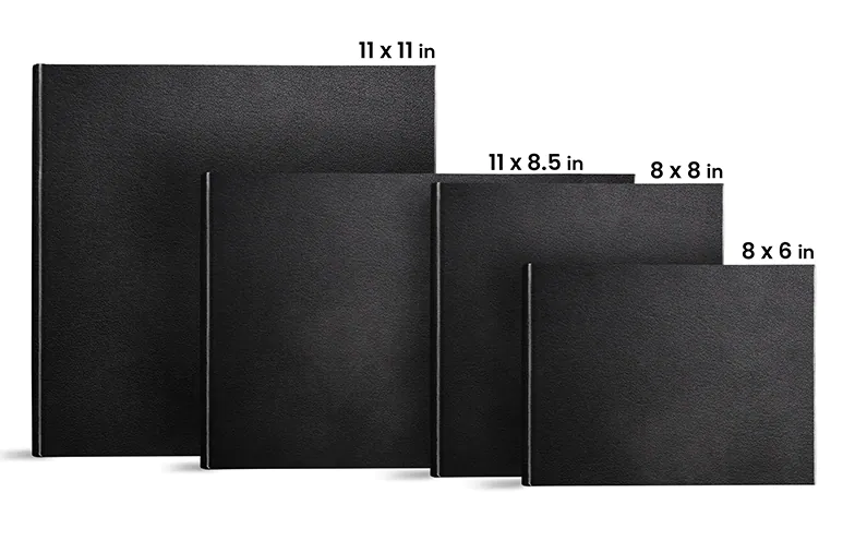 Custom made photo book open on table with photo collage of family photos