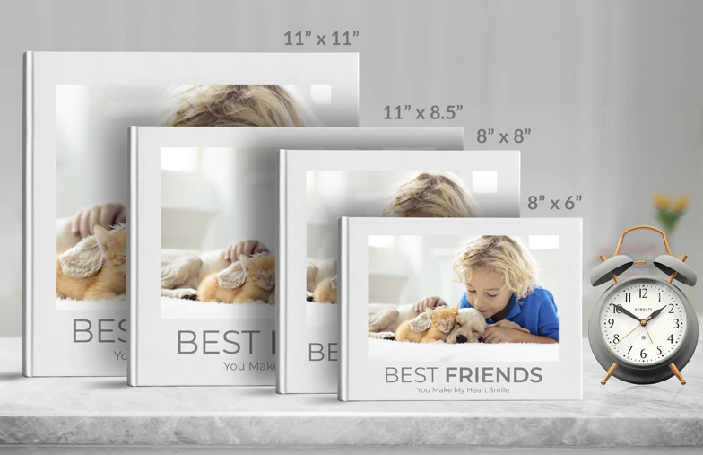 Printed personalized photo book with pictures of mother and son and photo cover