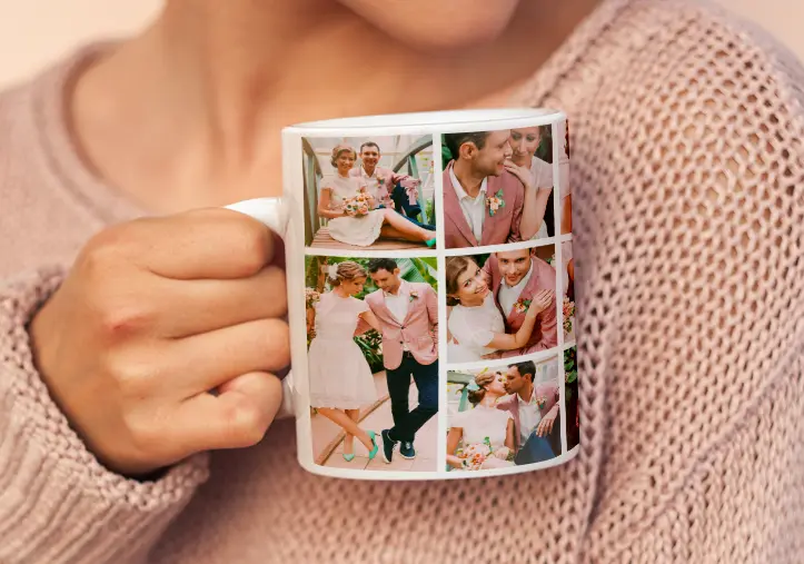 Personalised photo mug with picture of baby crawling wearing animal overall