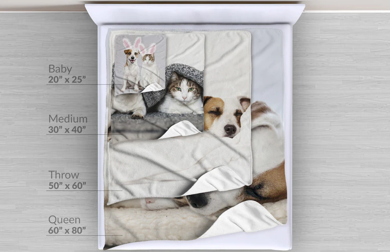 Large custom blanket on double bed with picture of dog photo