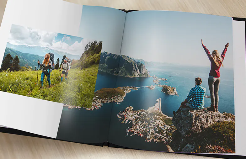 Printed personalized photo book with pictures of mother and son and photo cover