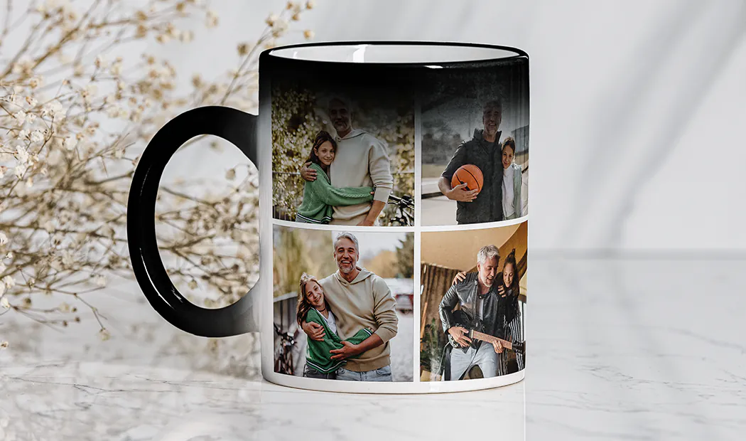 Mom and daughter holding custom designed photo mugs with family photos