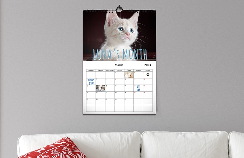 A3 2020 wall calendar hung up with personalised photo design by printerpix
