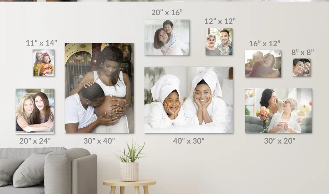 Showcase your cherished memories with personalized canvas prints in various sizes, from intimate 8x8" to grand 40x30".