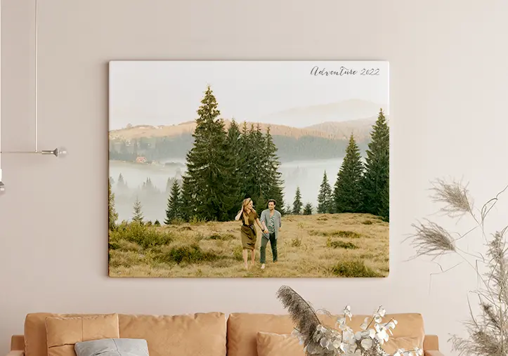 canvas print of a leisurely walk of a couple in the fields