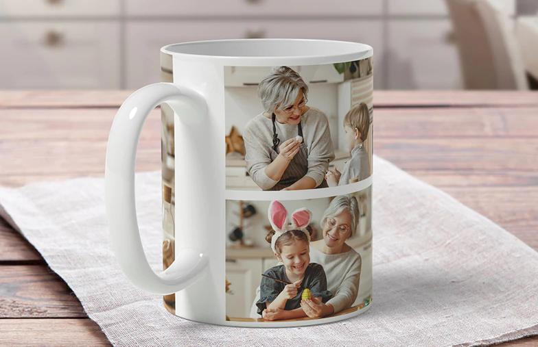 Kissing couple with personalized mugs with text on