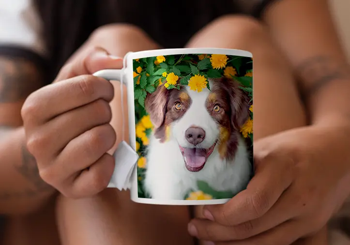 Personalised photo mug with your own photo of a dog on