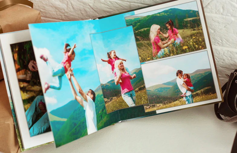 Family photo album with custom printed cover and family name text