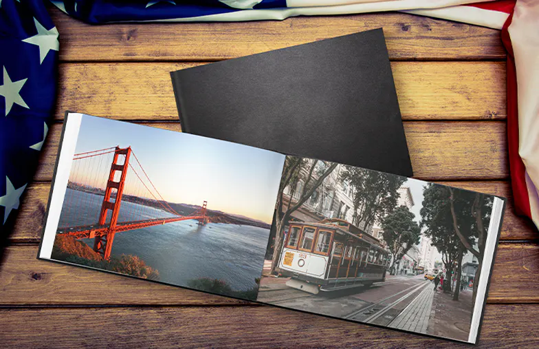 Family photo album with custom printed cover and family name text